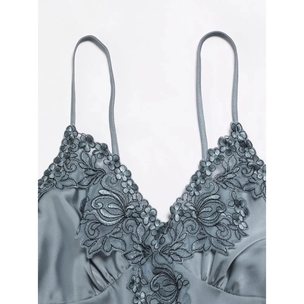 Fefi 5pcs Satin Contrast Lace Belted Night Set - Picture 5 of 6